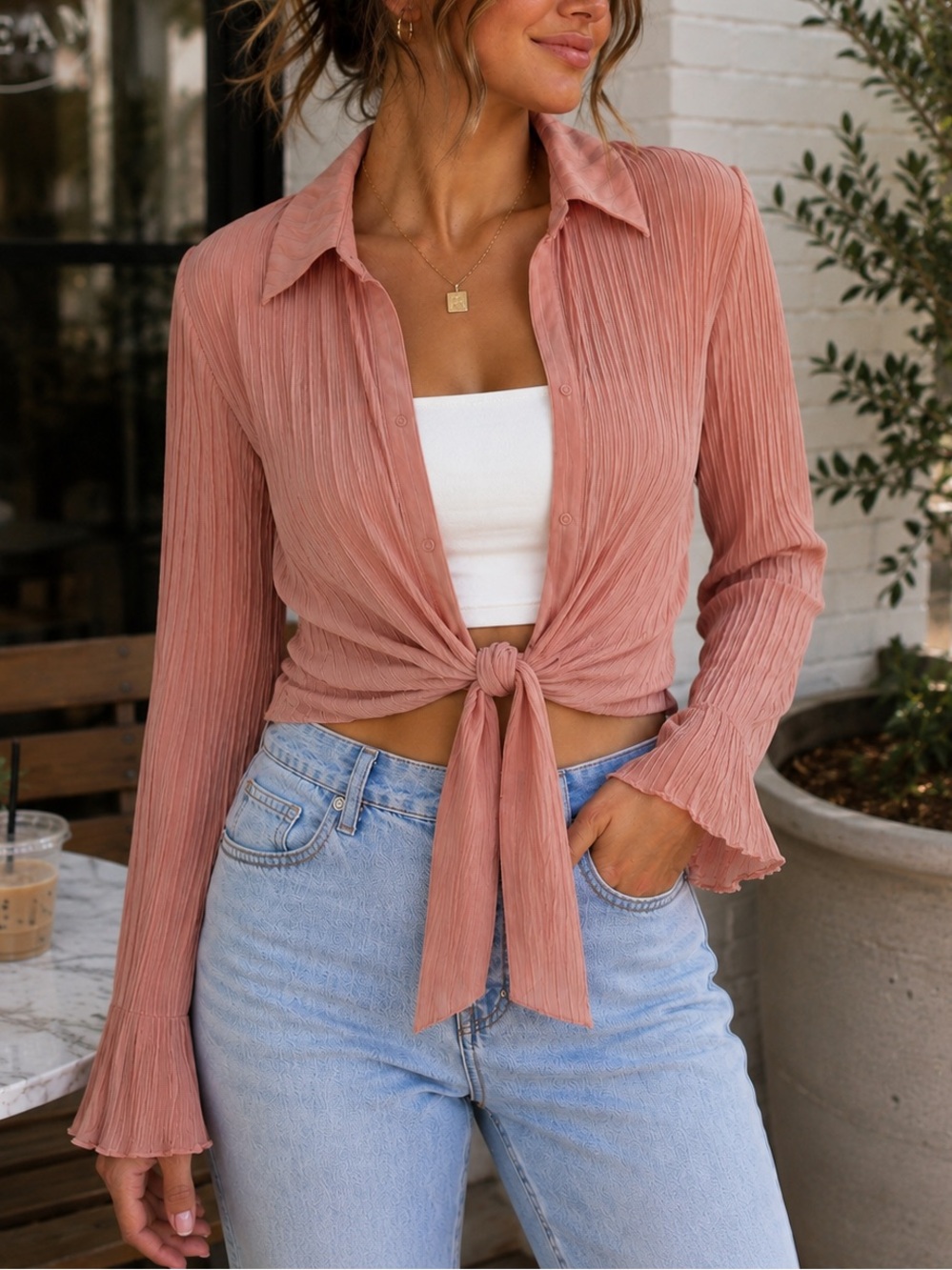 Urban Outfitters Pink Pleated Tie Front Layering Bell Sleeve Crop Y2K